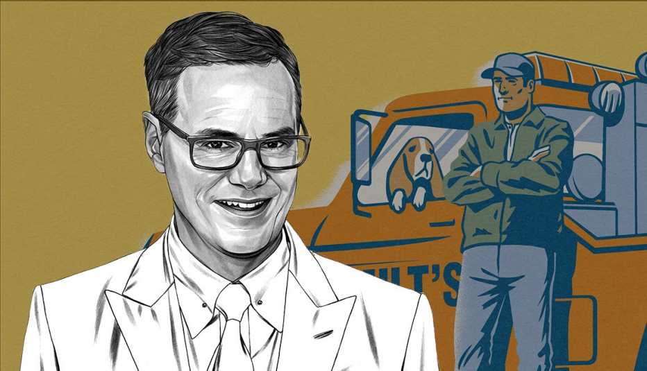 illustration of W. Bruce Cameron against background illustration of man leaning against a tow truck with arms crossed and dog in front seat looking out the window