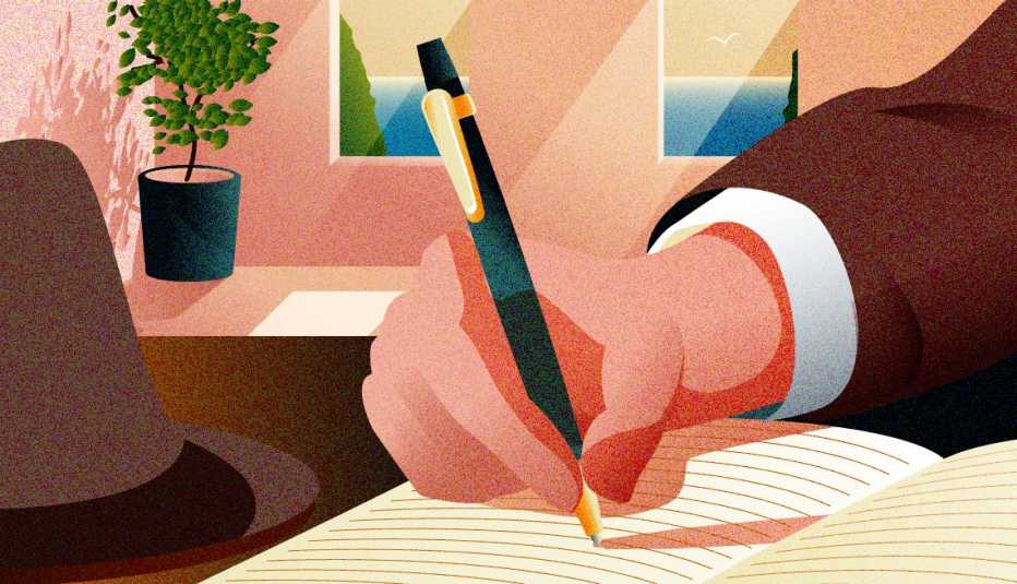 illustration of a man's hand writing in a notebook