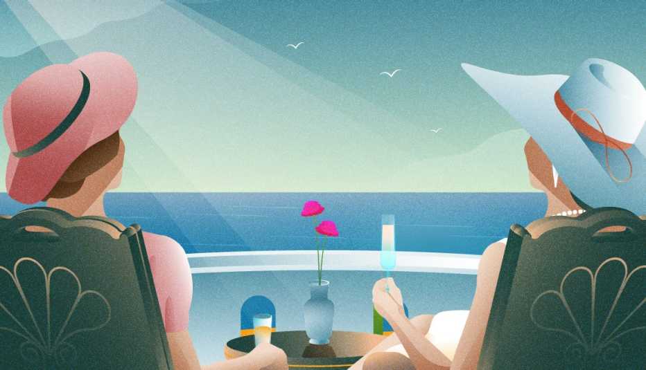 illustration of two women on a terrace facing the sea
