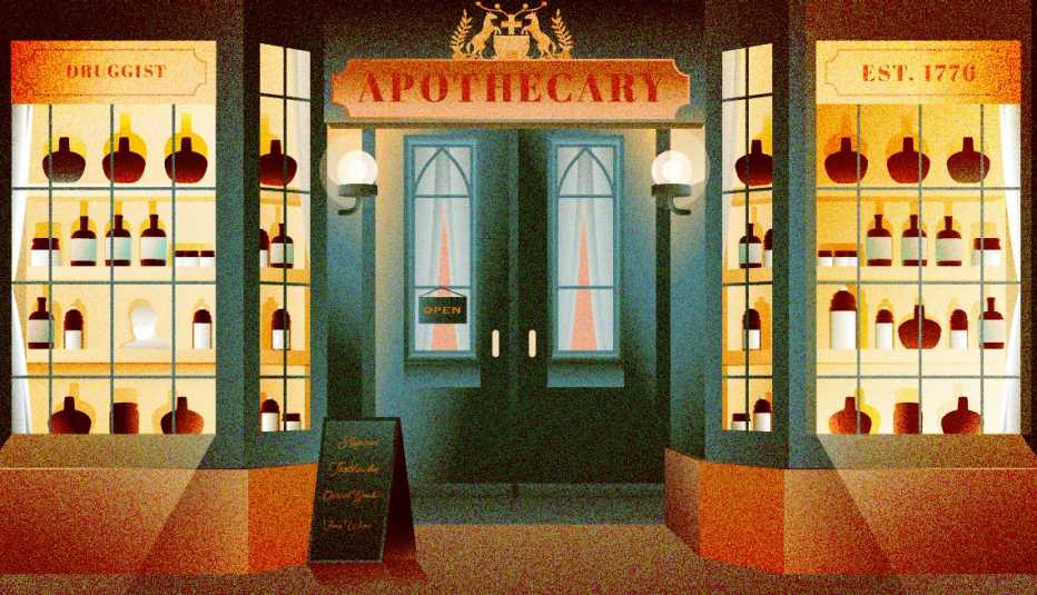 illustration of apothecary shop whose window shelves are filled with bottles of varying shapes and sizes, and words Est. 1776 and Druggist