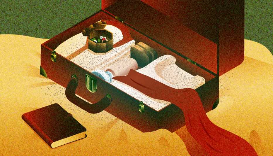 illustration of an open red suitcase mostly packed, with a red scarf over the side and a book beside it on the bed