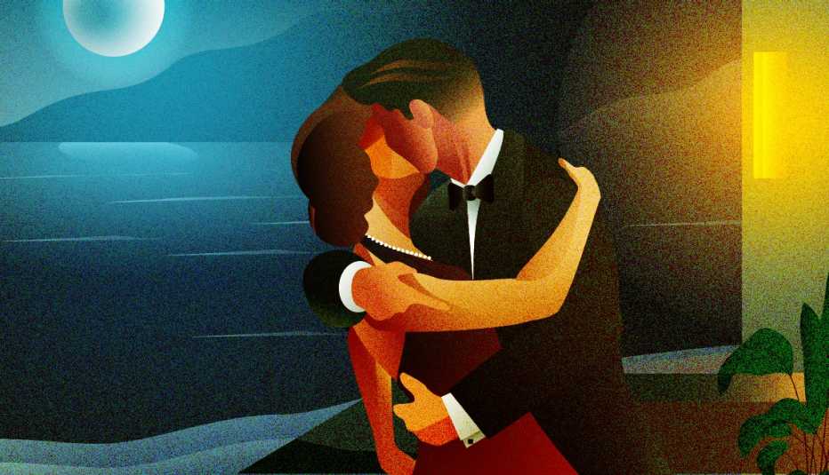 illustration of man and woman in formal attire kissing with view of moonlight reflecting off the sea behind them