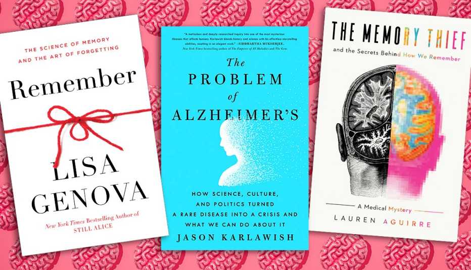 three books about memory and brain health on top of a graphic of brains in rows on pink background