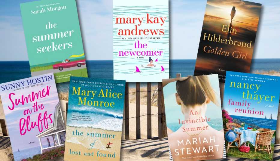 a collage of new books over a photo of a beach