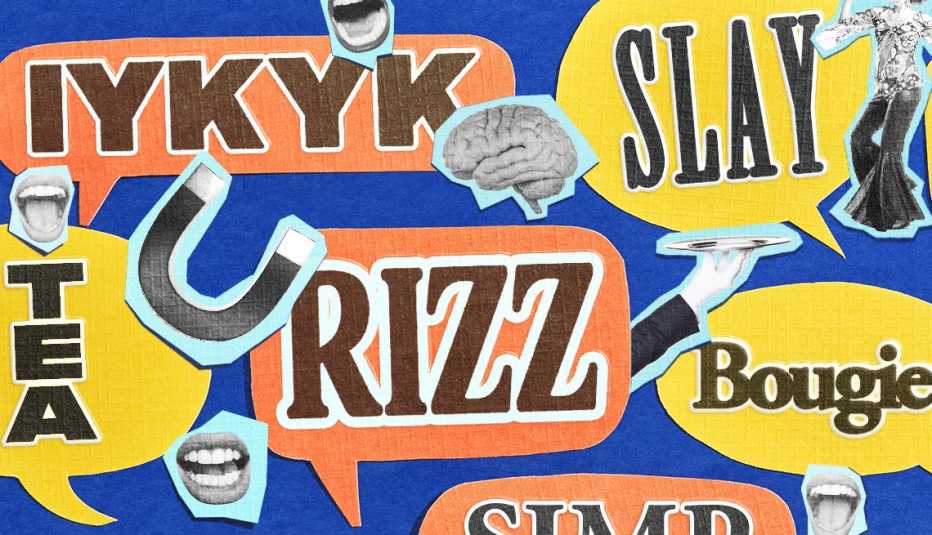 a collection of modern slang words on a blue field