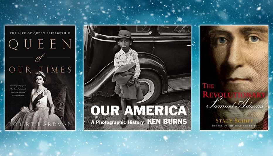 book covers left queen of our times then our america then the revolutionary samuel adams
