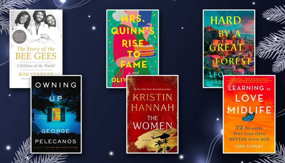 from left to right book covers the story of the bee gees by bob stanley then mrs quinns rise to fame by oliva ford then hard by a great forest by leo vardiashvili then owning up by george pelecanos then the women by krisin hannah then learning to love midlife by chip conley