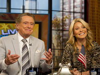 Regis Philbin and Kelly Ripa appear on set during the taping of Live! with Regis and Kelly Regis Philbin and Kelly Ripa appear on set during the taping of Live! with Regis and Kelly