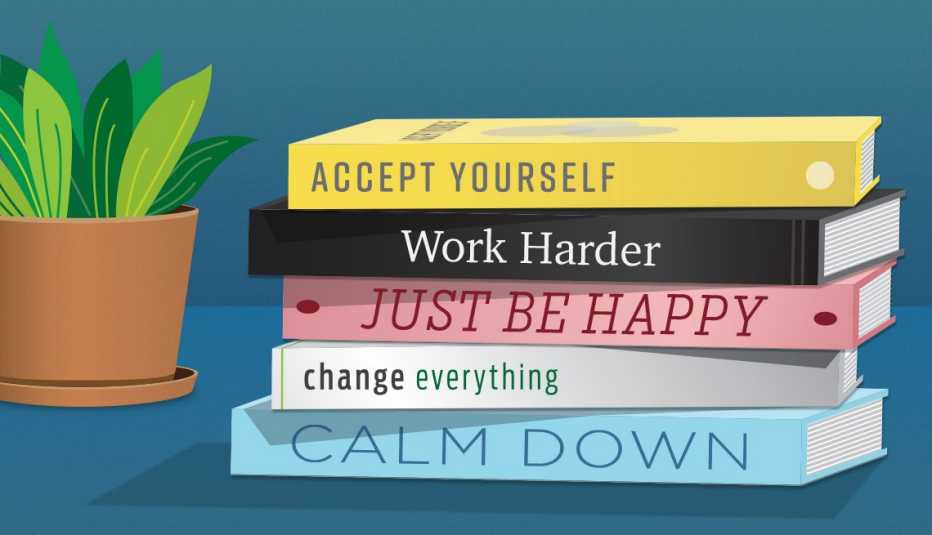 graphic of five books stacked on each other with inspirational phrases on the spine graphic of five books stacked on each other with inspirational phrases on the spine