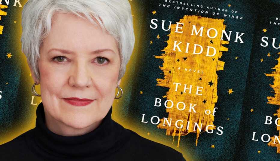 author sue monk kidd in front of a collage of her latest release book jacket the book is called the book of longings