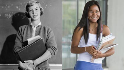 A high school girl from the past and the present holding books. (Hunstock, Inc./ClassicStock/Alamy) A high school girl from the past and the present holding books. (Hunstock, Inc./ClassicStock/Alamy)