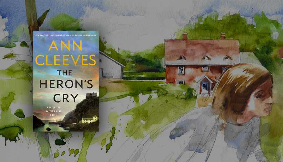 The Heron's Cry by Ann Cleeves book cover overlaid on illustration of red house and greenery, with person in foreground looking off