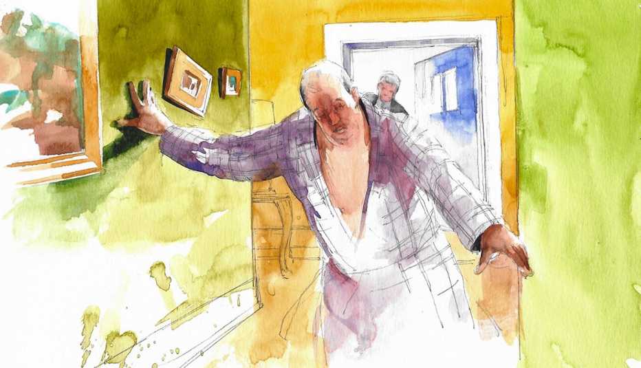 illustration of a man wearing a bathrobe staggering in a hallway with another man in the background in a doorway