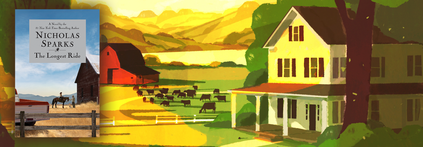 the longest ride cover on an illustration of a farmhouse, barn and animals in a bucolic setting