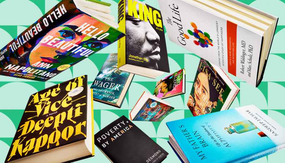 collage of hardcover books at different angles floating above a green patterned background