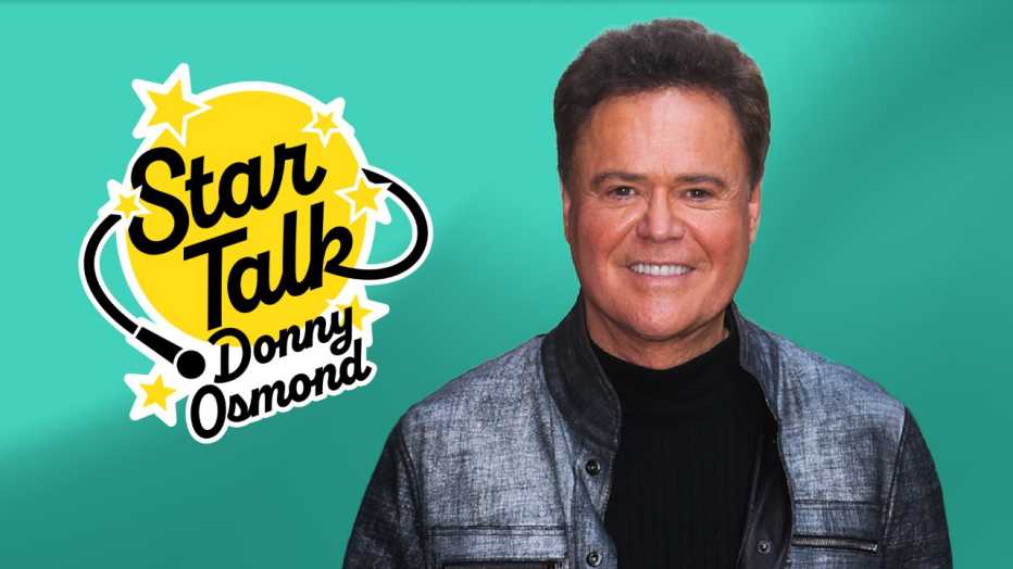 donny osmond smiling in front of a green background alongside a star talk logo