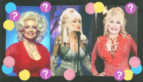 three side-by-side photos of dolly parton; purple, blue, yellow and pink circles with question marks surround them; black background three side-by-side photos of dolly parton; purple, blue, yellow and pink circles with question marks surround them; black background