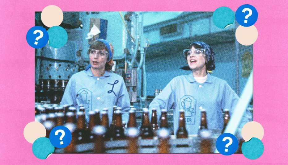 Penny Marshall and Cindy Williams as Laverne and Shirley in a still from the show; surrounded by off-white, teal and blue circles with question marks in them