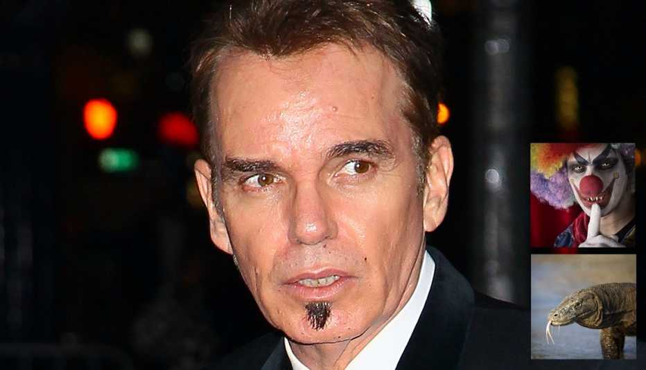 Actor Billy Bob Thornton With Inset Of Scary Clown And Komodo Dragon, AARP Entertainment, How Celebrities Face Their Worst Fears Actor Billy Bob Thornton With Inset Of Scary Clown And Komodo Dragon, AARP Entertainment, How Celebrities Face Their Worst Fears
