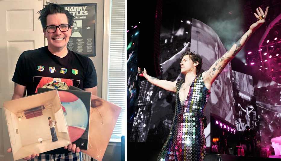 left thomas salmon of watkinsville georgia holding vinyls of harry styles right harry styles performing