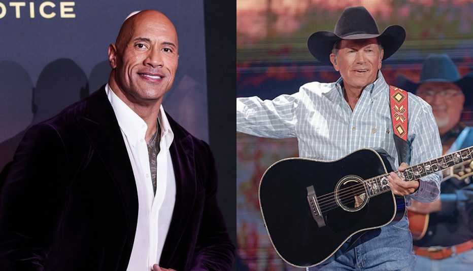 Side by side images of actor Dwayne The Rock Johnson and country music legend George Strait