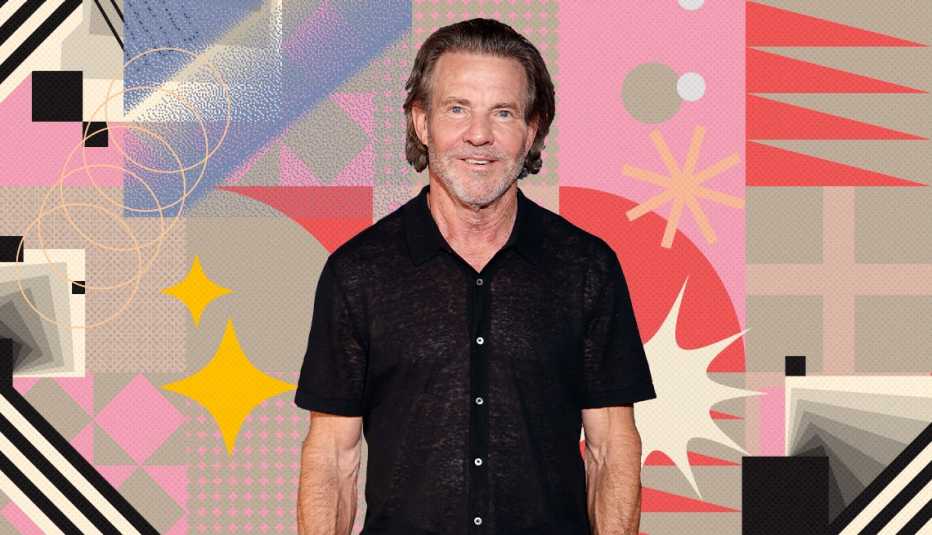 Dennis Quaid's birthday is April 9 Dennis Quaid on colorful, flashy background with all sorts of shapes and symbols