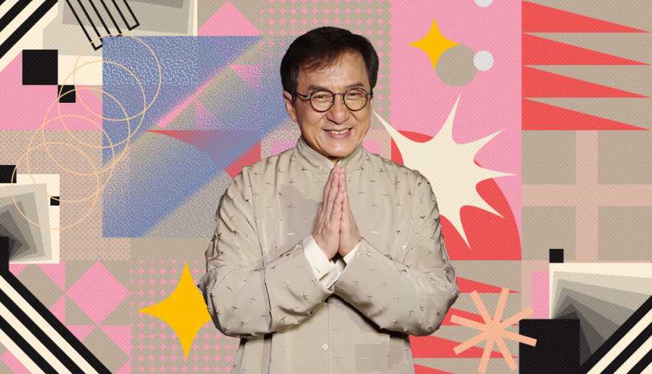 Jackie Chan's birthday is April 7 Jackie Chan on colorful, flashy background with all sorts of shapes and symbols