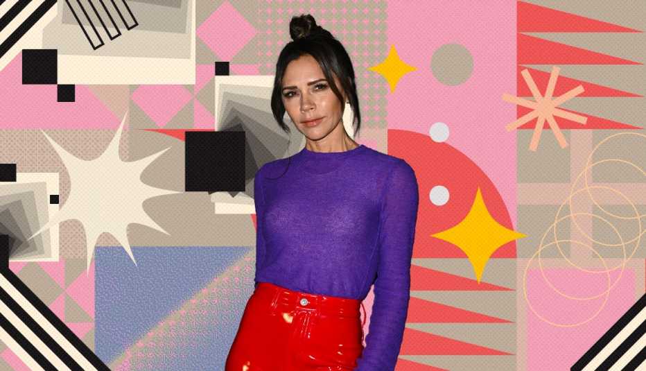 Victoria Beckham on colorful, flashy background with all sorts of shapes and symbols