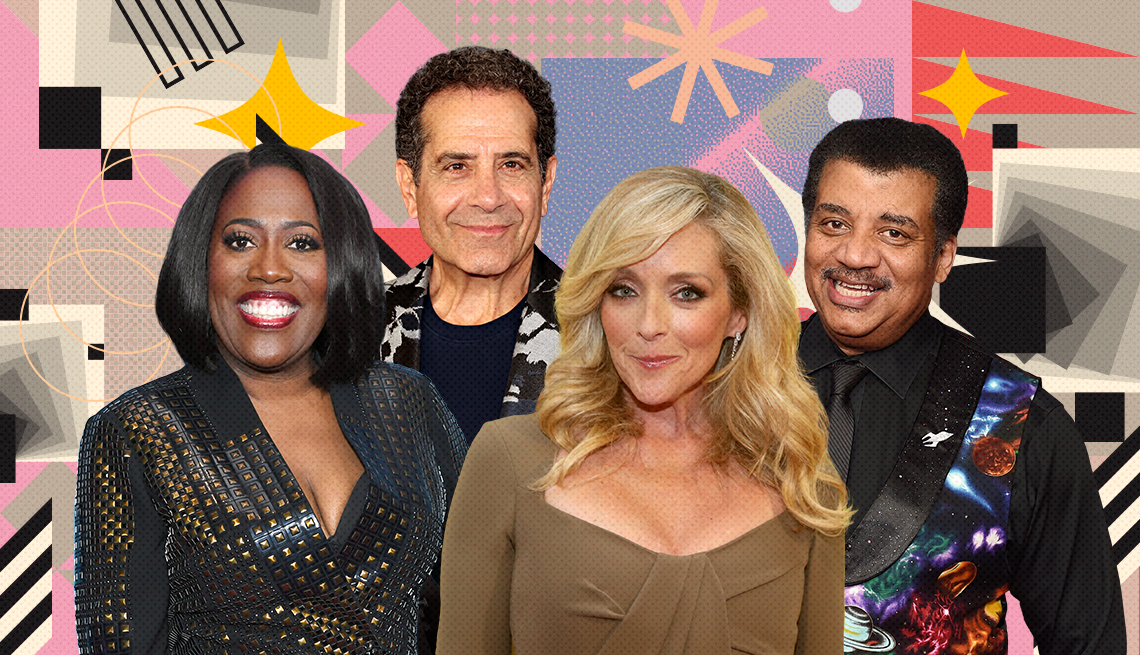 collage of sheryl underwood, tony shalhoub, jane krakowski, and neil degrasse tyson on colorful, flashy background with all sorts of shapes and symbols