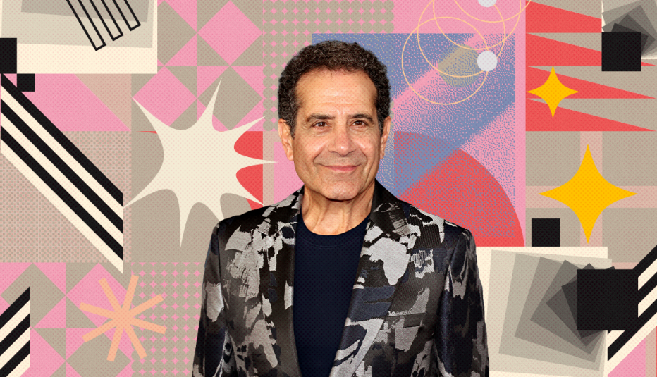 tony shalhoub on colorful, flashy background with all sorts of shapes and symbols