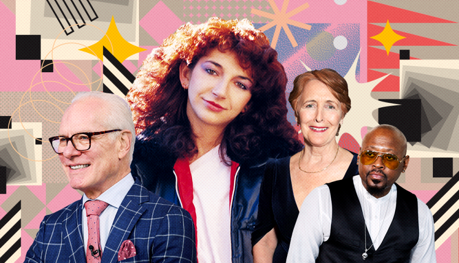 collage of celebrities on colorful, flashy background with all sorts of shapes and symbols 