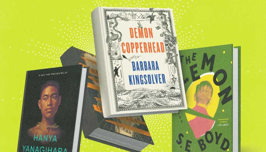 collage of four books on yellow background