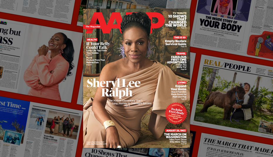 a a r p the magazine cover august / september  2023 issue featuring sheryl lee ralph; on background of magazine pages