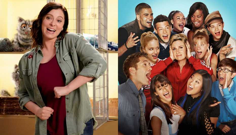 Rachel Bloom in Crazy Ex Girlfriend and the cast of Glee