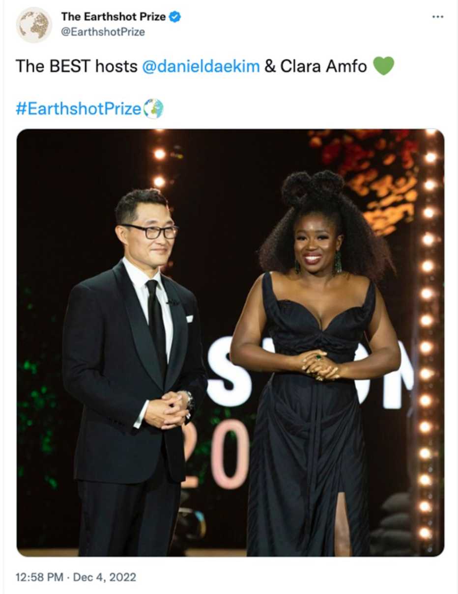 Earthshot Prize 12/4 Twitter post of 2022 awards ceremony hosts Daniel Dae Kim and Clara Amfo