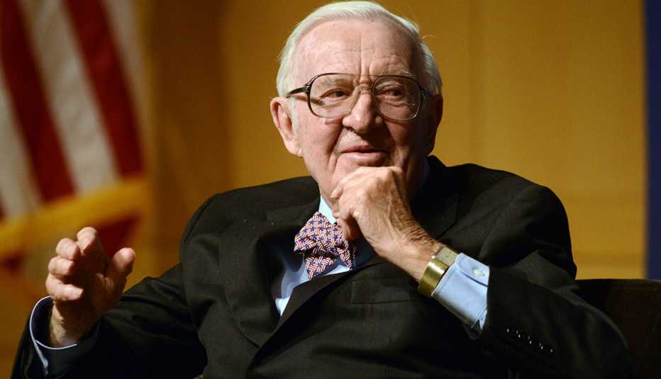 Retired Supreme Court Justice John Paul Stevens answers a question posed by Brooke Gladstone (not shown), Host and Managing Editor of National Public Radio newsmagazine at the National Constitution Center April 28 2014 in Philadelphia, Pennsylvania. Stev Retired Supreme Court Justice John Paul Stevens answers a question posed by Brooke Gladstone (not shown), Host and Managing Editor of National Public Radio newsmagazine at the National Constitution Center April 28 2014 in Philadelphia, Pennsylvania. Stev