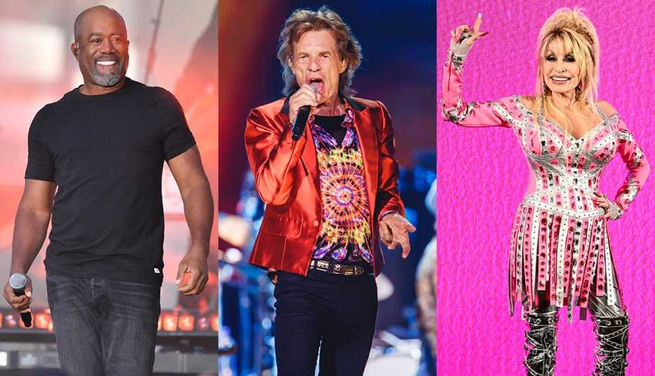 darius rucker holding a microphone onstage, mick jagger of the rolling stones singing into a microphone during a performance onstage and dolly parton pointing her finger in the air
