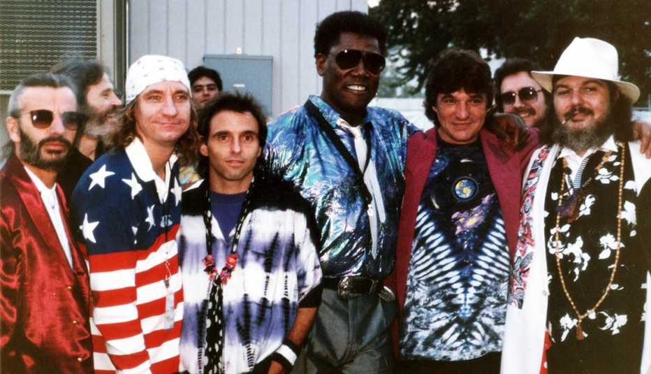 ringos all starr band at riverfest in nineteen eighty nine from left to right ringo starr levon helm joe walsh nils lofgren clarence clemons rick danko jim keltner dr john