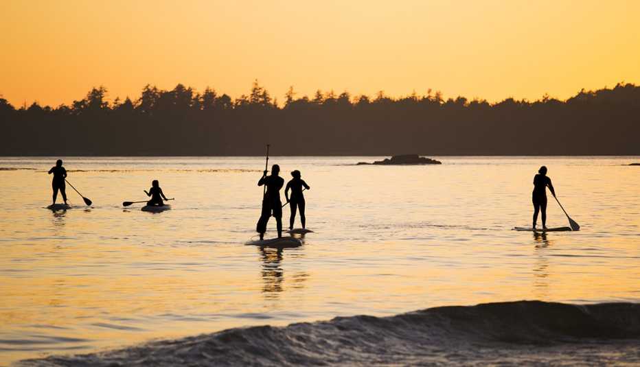 Four people standing up on paddle boards, one kneeling on paddle board