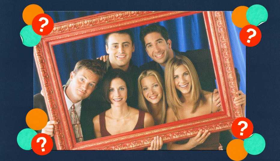 Courteney Cox, Lisa Kudrow, Jennifer Aniston, Matthew Perry, Matt LeBlanc and David Schwimmer posing inside giant picture frame; surrounded by orange, teal and red circles with question marks in them