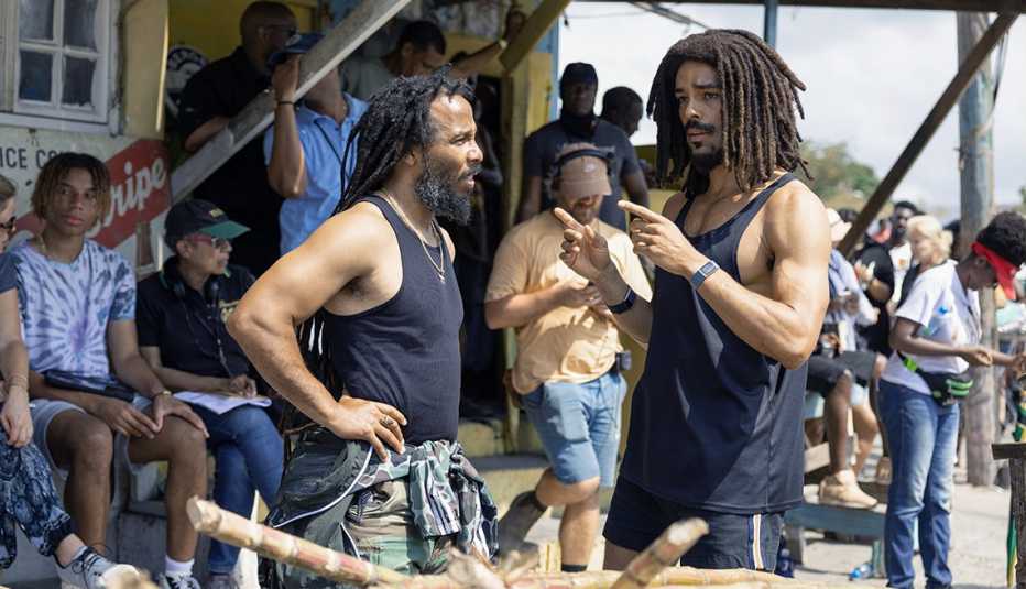 Producer Ziggy Marley and Kingsley Ben-Adir as Bob Marley in "Bob Marley: One Love" from Paramount Pictures producer ziggy marley and kingsley ben-adir as bob marley