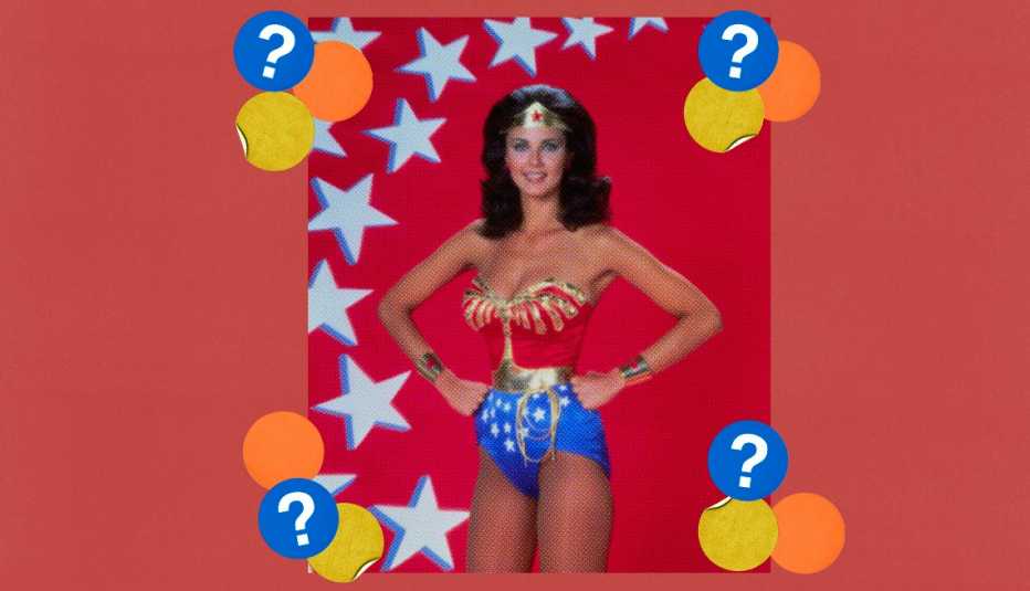 Lynda Carter in costume as Wonder Woman; surrounded by yellow, orange and blue circles with question marks in them