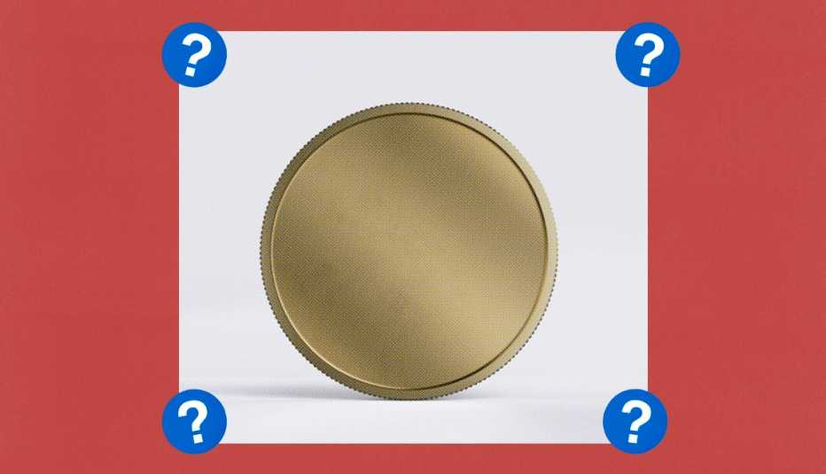 Gold coin; surrounded by blue circles with question marks in them