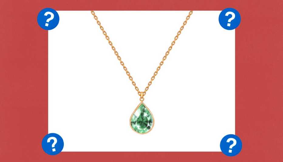 Golden chain necklace with green gem; surrounded by blue circles with question marks in them