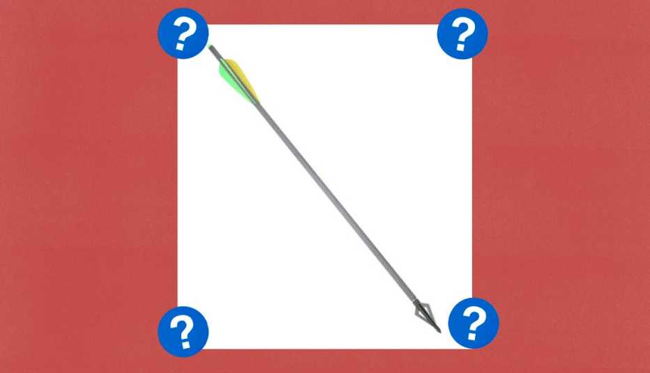 Arrow with hunting broadhead for compound bow and crossbow; surrounded by blue circles with question marks in them