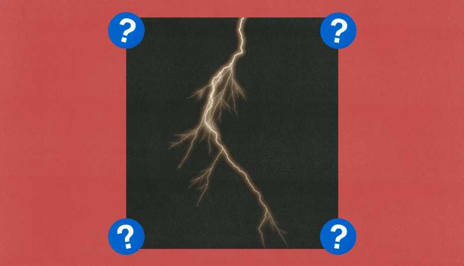 Lightning bolt; surrounded by blue circles with question marks in them