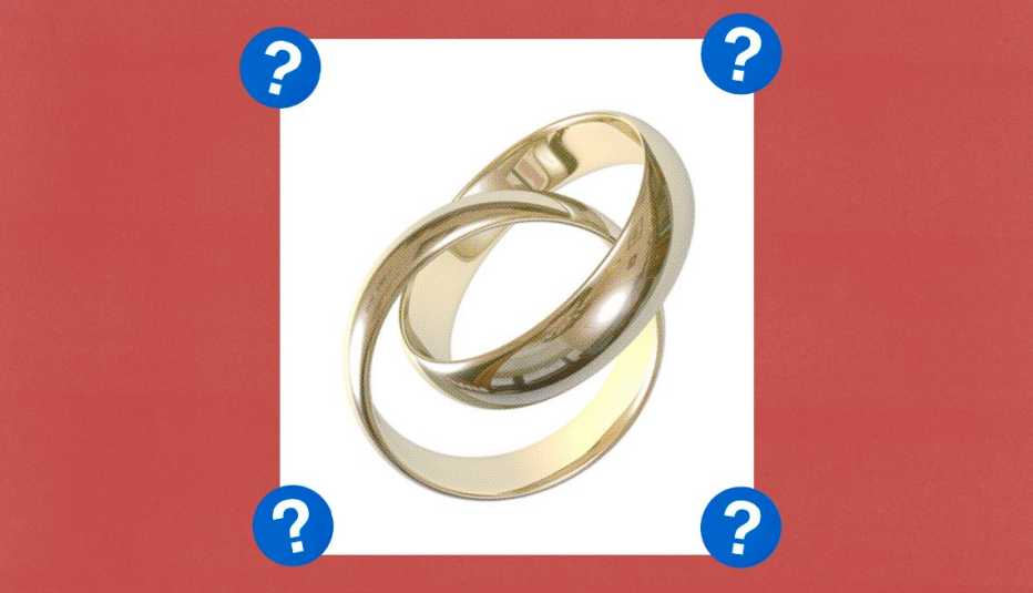 Two gold rings intertwined; surrounded by blue circles with question marks in them