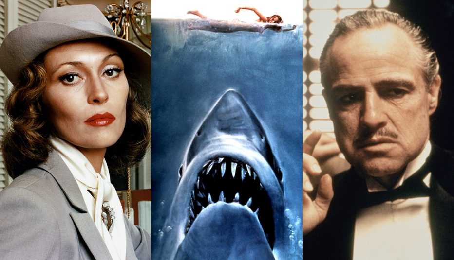 Side by side images of Faye Dunaway key artwork from the film Jaws and Marlon Brando in The Godfather