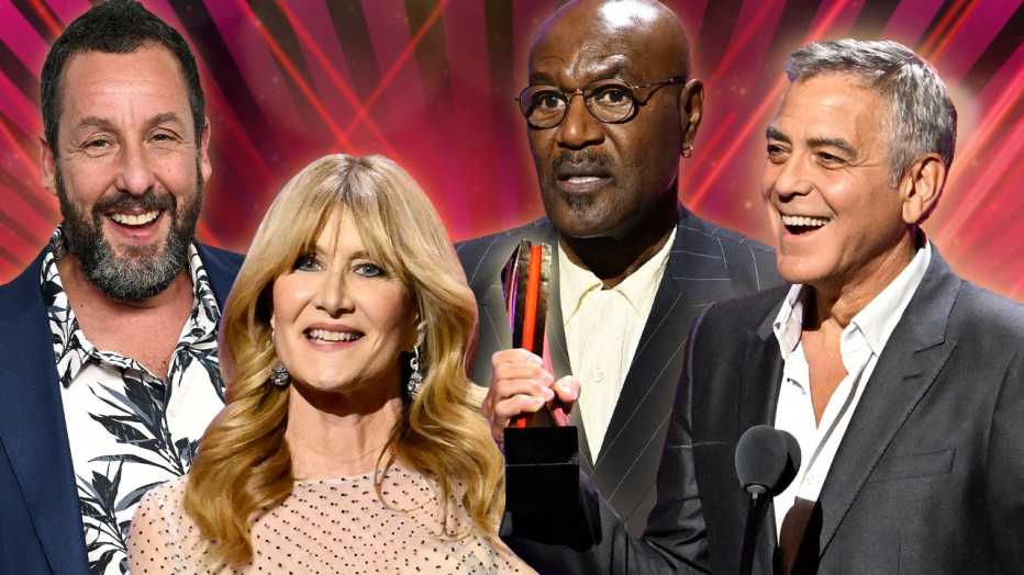 a collage with photos of adam sandler, laura dern, delroy lindo and george clooney