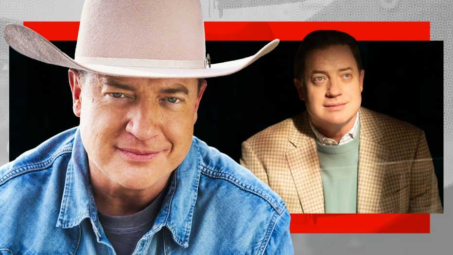 a collage of brendan fraser posing for a professional portrait, alongside his character in rental family